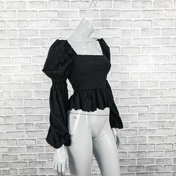 Caroline Constas Women's Wren Puff Sleeve Eyelet Embroidered top in Black sz XS - Picture 4 of 8